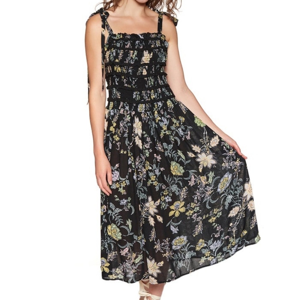 Isla Floral Print Tie Strap Smocked Bodice Midi
